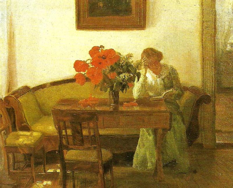 Anna Ancher valmuer pa et bord foran en lasende dame China oil painting art